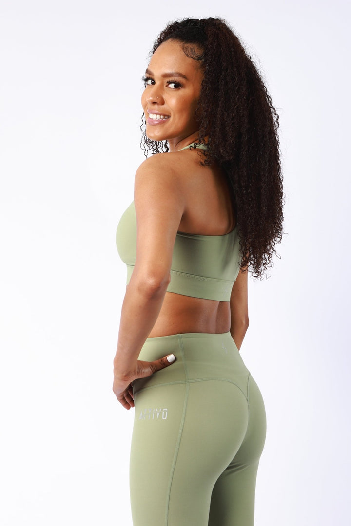 Athletic Women's V Racer Back Bra In Oil Green - attivousa Free Shipping over $75 Womens Activewear Attivo