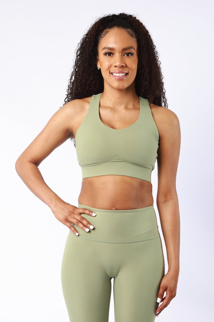 Athletic Women's V Racer Back Bra In Oil Green - attivousa Free Shipping over $75 Womens Activewear Attivo